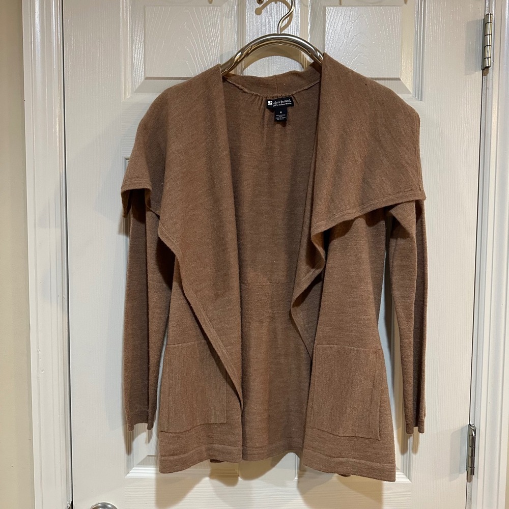 Valerie Bertinelli Italian Merino Wool Open Front Cardigan Brown Shawl Collar M